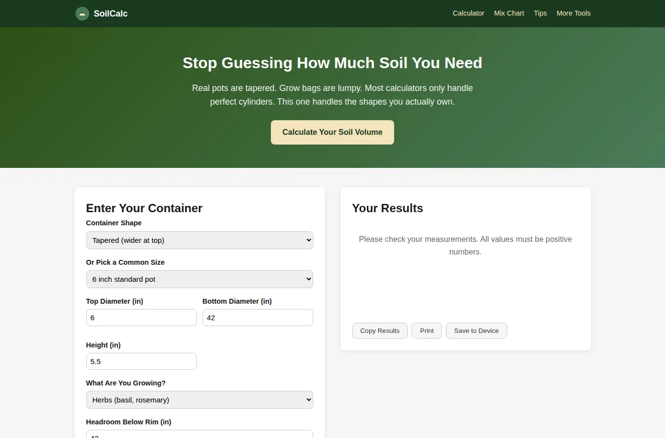 Screenshot of Container Soil Volume Calculator interface showing the project page in use
